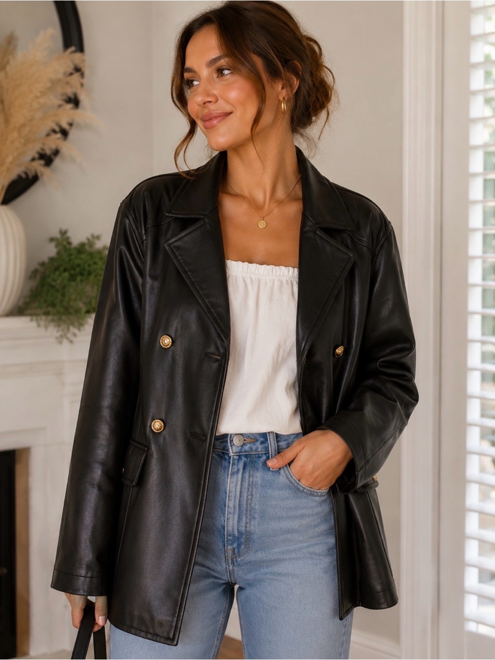 Danier Black Double-Breasted Oversized Leather Jacket with Gold Buttons